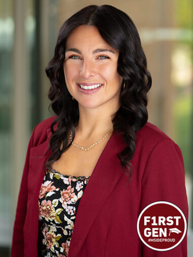 Courtney Leaverton headshot with 1st Gen logo