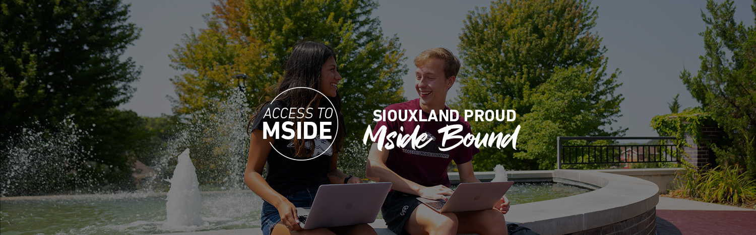 Students Sitting By Fountain With Overlay Of Morningside Access To Mside And Siouxland Proud Logo